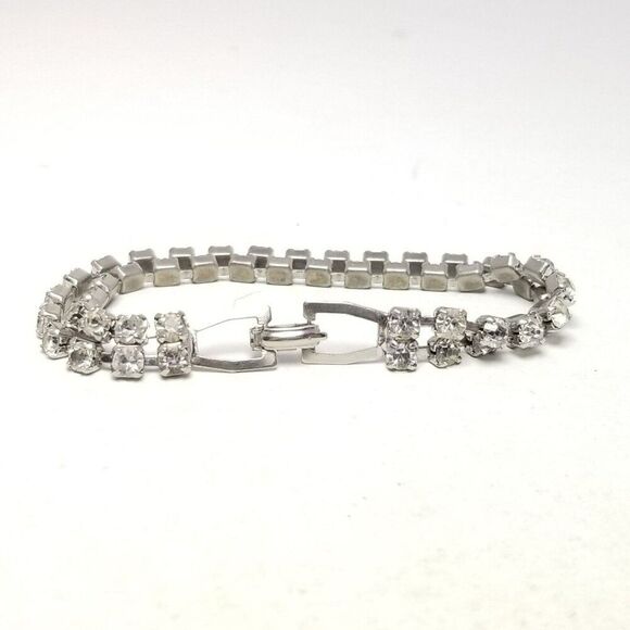 Vintage Two Strand Prong Set Rhinestone Bracelet, Silver Tone Retro Estate - Picture 2 of 5